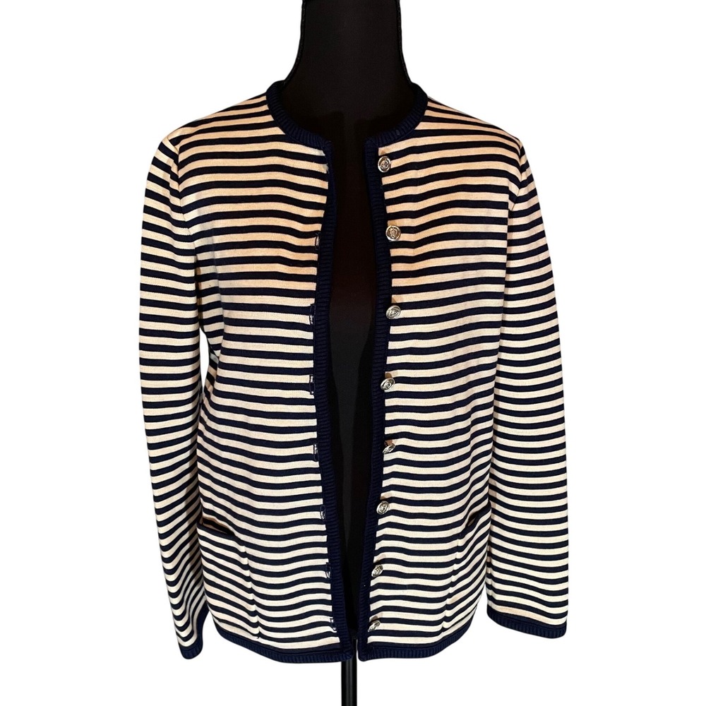 Vintage Butte‎ Knit Navy Cream Striped Wool Blend Crest Button Cardigan Sweater